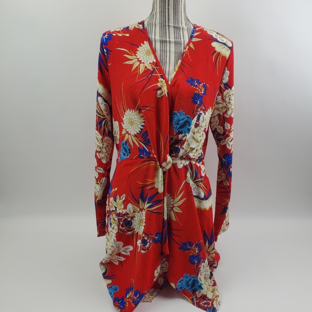 Pretty Little Thing red floral long sleeve dress